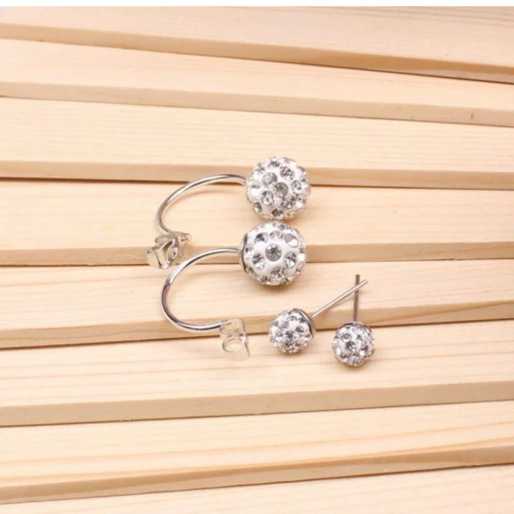 Silver Double Beaded Rhinestone Crystal  Earrings - Picture 4 of 4